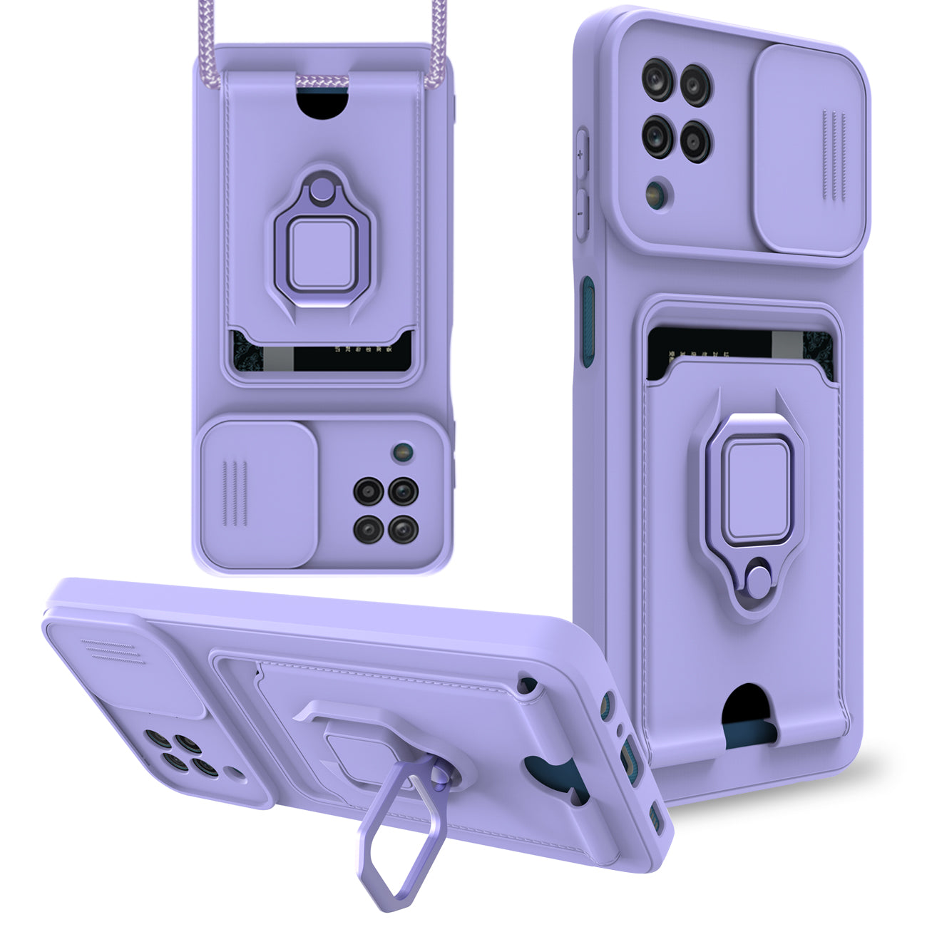 High Quality Samsung 12 5G Case with Camera cover, Kickstand, Slide lens protection, Magnetic ring stand, Crossbody strap and Card holder In Purple